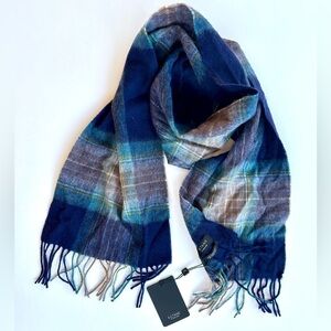 NWT Kiltane of Scotland Plaid Lambswool Navy Turquoise and Brown Scarf, 62”x10”